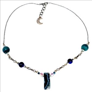Elegant Blue Hughs, Mixed Medal Handmade Stone, Glass Beaded Necklace